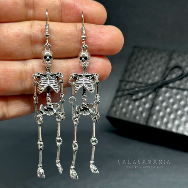 Articulated Skeleton Earrings Silver Metallic Finish Drop Dangle Skull Jewelry Halloween Day of the Dead Fashion Woman Girl Aretes Esqueleto