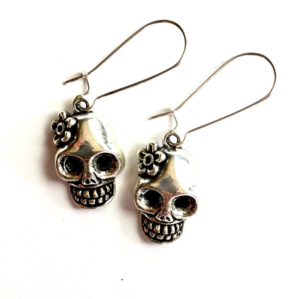 Silver Skull Earrings Skeleton Earrings Flowered Skull - Etsy UK