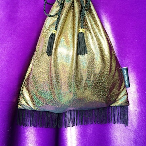 Splendida borsa dorata con dettagli di frange nere e nappe fatte a mano - Perfetta per spettacoli di spogliarelliste e ballerine esotiche