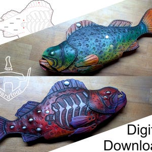 May include: Two leather fish-shaped cases with metal rivets. The top case is green and yellow with a textured surface. The bottom case is red and purple, featuring a visible white skeletal design. A digital pattern template is included in the corner.