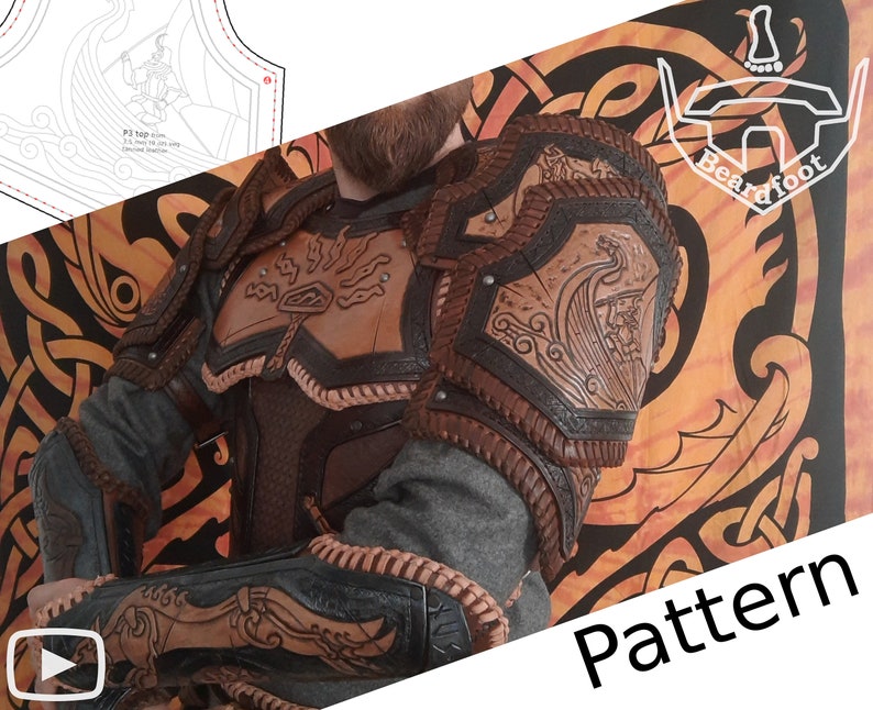 May include: A brown leather armor with intricate carvings of a ship and waves. The armor is worn by a person with a grey sweater. The background is a patterned fabric with the text "Pattern" and "Bearfoot".
