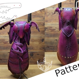 Puede incluir: Un bolso de cuero púrpura hecho a mano con un diseño de insecto, con detalles intrincados y una forma única. El bolso tiene alas, un cuerpo segmentado y costuras decorativas. La palabra "Pattern" es visible.
