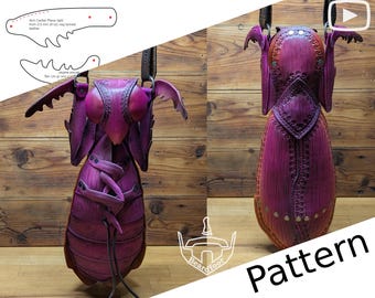 May include: A handcrafted, purple leather bag with an insect-like design, featuring intricate details and a unique shape. The bag has wings, a segmented body, and decorative stitching. The word "Pattern" is visible in the image.