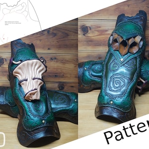 Könnte beinhalten: Ein Paar grüne Leder-Armschützer mit komplizierten Designs und braunen Lederakzenten. Die Schützer haben eine strukturierte Oberfläche und sind mit kleinen Metallnieten verziert. Das Wort "Pattern" ist in der rechten unteren Ecke des Bildes sichtbar.