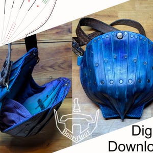 Op de afbeelding: Een blauwe leren tas in de vorm van een schelp, voorzien van metalen klinknagels en een donkerbruine riem. De afbeelding bevat een wit patroonsjabloon, een logo met de tekst Beardfoot en de woorden Digital Download rechtsonder.