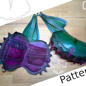 May include: A handmade leather wallet and matching shoulder bag in shades of green and purple. The wallet has multiple card slots and a snap closure. The bag and wallet feature a unique, spiky design. The word "Pattern" is visible in the image.