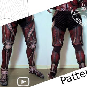 May include: A costume featuring red and brown leg armor with muscle detailing. The design includes knee and ankle protection, with a black shorts. The word "Pattern" is visible in the image.