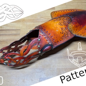 May include: A handcrafted leather squid-shaped pattern in shades of orange and brown, featuring intricate embossed designs and metal rivets. The word "Pattern" is displayed in black text. The design includes a template for the tentacles.