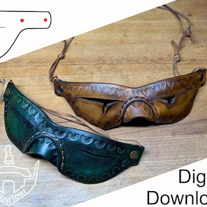 May include: Two leather eye masks with thin leather ties, one in a deep green and one in a brown finish. Both masks feature a stamped border pattern, a central nose bridge cutout, and metallic rivets at the sides. The text Digital Download is visible.