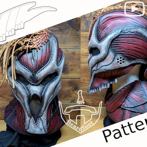 May include: A detailed, handcrafted mask with a striking design. The mask features a combination of red, gray, and brown tones, with intricate detailing that suggests a muscular or anatomical theme. The word "Pattern" is visible in the image.
