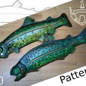 May include: Two handcrafted leather fish, painted green with red and yellow spots, lie on a wooden surface. The fish have detailed fins and scales. A pattern sketch and the word "Pattern" are visible. The logo "Beardfoot" is also present.