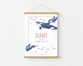 Birth Poster Whale Orca Frame Birthprint personalized with name & dates of birth, gift for birth and baptism, 4 colors