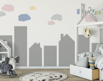 Wall decal City I House I Houses with clouds, self-adhesive,