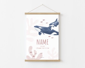 Birth Poster Wal Orca Birthprint personalized with name & date of birth, gift for birth and baptism, 5 colors