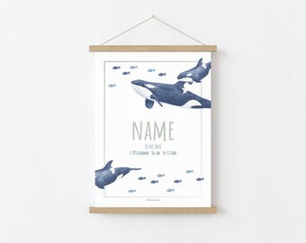 Birth Poster Whale Orca Frame Birthprint personalized with name & dates of birth, gift for birth and baptism, 4 colors