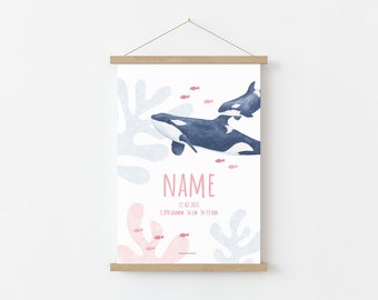 Birth Poster Wal Orca Birthprint personalized with name & date of birth, gift for birth and baptism, 5 colors