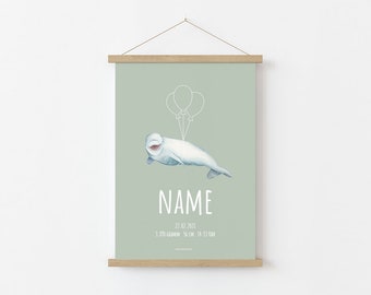 Birth Poster Whale Beluga Balloon Birthprint personalized with name & dates of birth, gift for birth and baptism, 7 colors