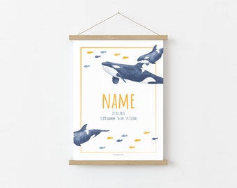 Birth Poster Whale Orca Frame Birthprint personalized with name & dates of birth, gift for birth and baptism, 4 colors