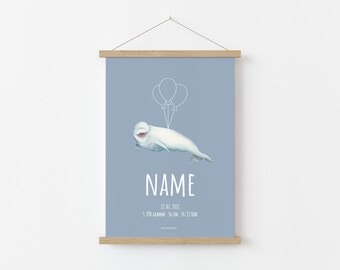 Birth Poster Whale Beluga Balloon Birthprint personalized with name & dates of birth, gift for birth and baptism, 7 colors