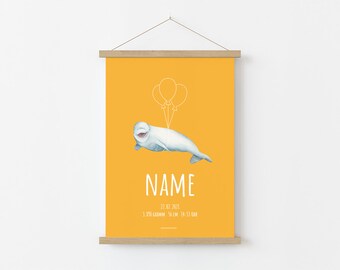 Birth Poster Whale Beluga Balloon Birthprint personalized with name & dates of birth, gift for birth and baptism, 7 colors