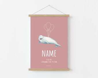 Birth Poster Whale Beluga Balloon Birthprint personalized with name & dates of birth, gift for birth and baptism, 7 colors