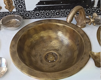 Moroccan Brass Sink,Bronze Brass Moroccan Hand Engraved round sink wash basin,Moroccan Brass Engraved Faucet Tap,Moroccan Faucet