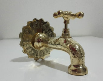 Brass Wall Mount Faucet,Hand Engraved Moroccan Brass Gold Colour Wall Mounted Wash Basin Faucet Tap