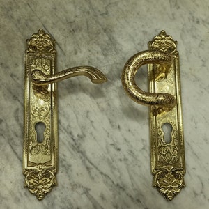 May include: Two ornate gold-colored door handles. Each handle has an intricate floral design and a keyhole. One handle is a lever style, and the other is a pull-style handle. The handles are mounted on rectangular backplates.