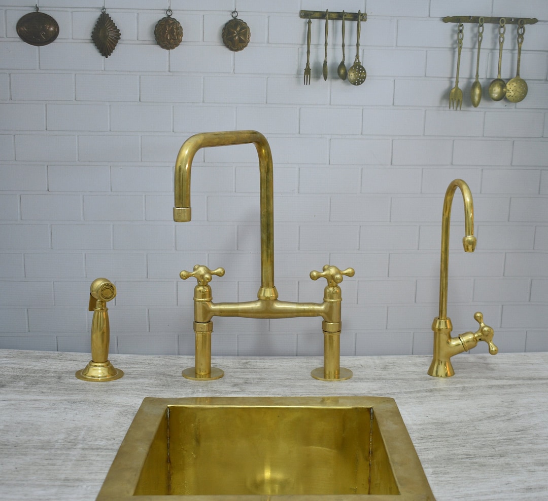 Unlacquered Solid Brass Bridge Kitchen Faucet,brass Kitchen Faucet Side
