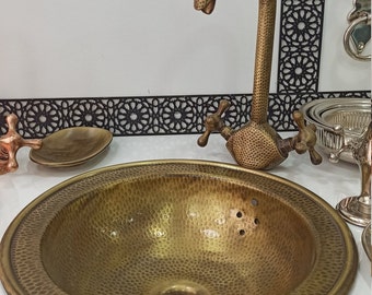 Moroccan Brass Sink,Bronze Brass Moroccan Hand hammered round sink wash basin,Moroccan Brass Engraved Faucet Tap,Kitchen Faucet