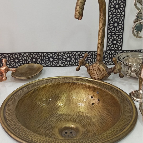 Fregadero de latón marroquí, lavabo de lavabo redondo martillado a mano marroquí de latón de bronce, grifo de grifo grabado de latón marroquí, grifo de cocina