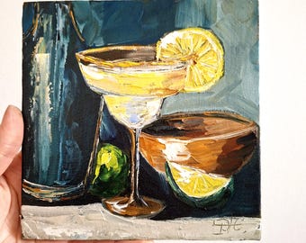 Margarita Cocktail Origineel olieverfschilderij keuken decor Impasto stillevenkunst 6 x 6
