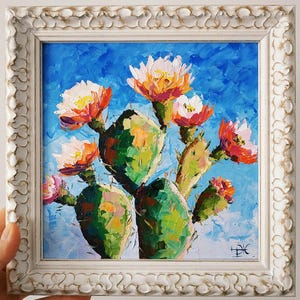 Cactus Painting Original Fine Art Impasto Oil Painting Southwest Desert Framed 8x8