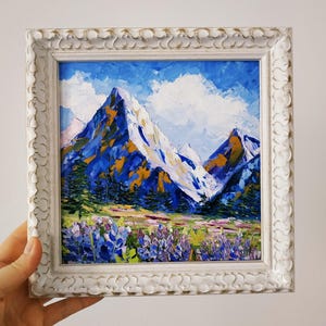 Peinture Texas Bluebonnet Parc national des montagnes du Texas empâtement peinture à l'huile paysage art 3D encadré 6 x 6"