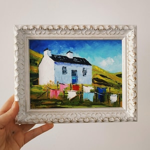 Ecosse peinture maison portrait corde à linge originale peinture à l'huile empâtement petit art mural 3D art encadré 20 x 15 cm