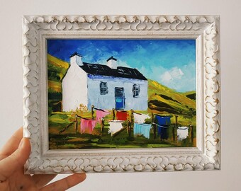 Scotland House Oil Painting: Impasto Clothesline Art, Framed 8x6