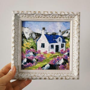 Irlande Originale peinture cottage irlandais fleurs de bruyère peinture à l'huile empâtement 3D art encadré 6 x 6 couteau à palette