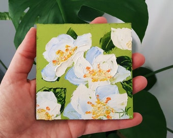 Cherokee rose peinture fleurs blanches art empâtement peinture à l'huile art floral petit original 3D art cadeau fête des mères 10 x 10 cm