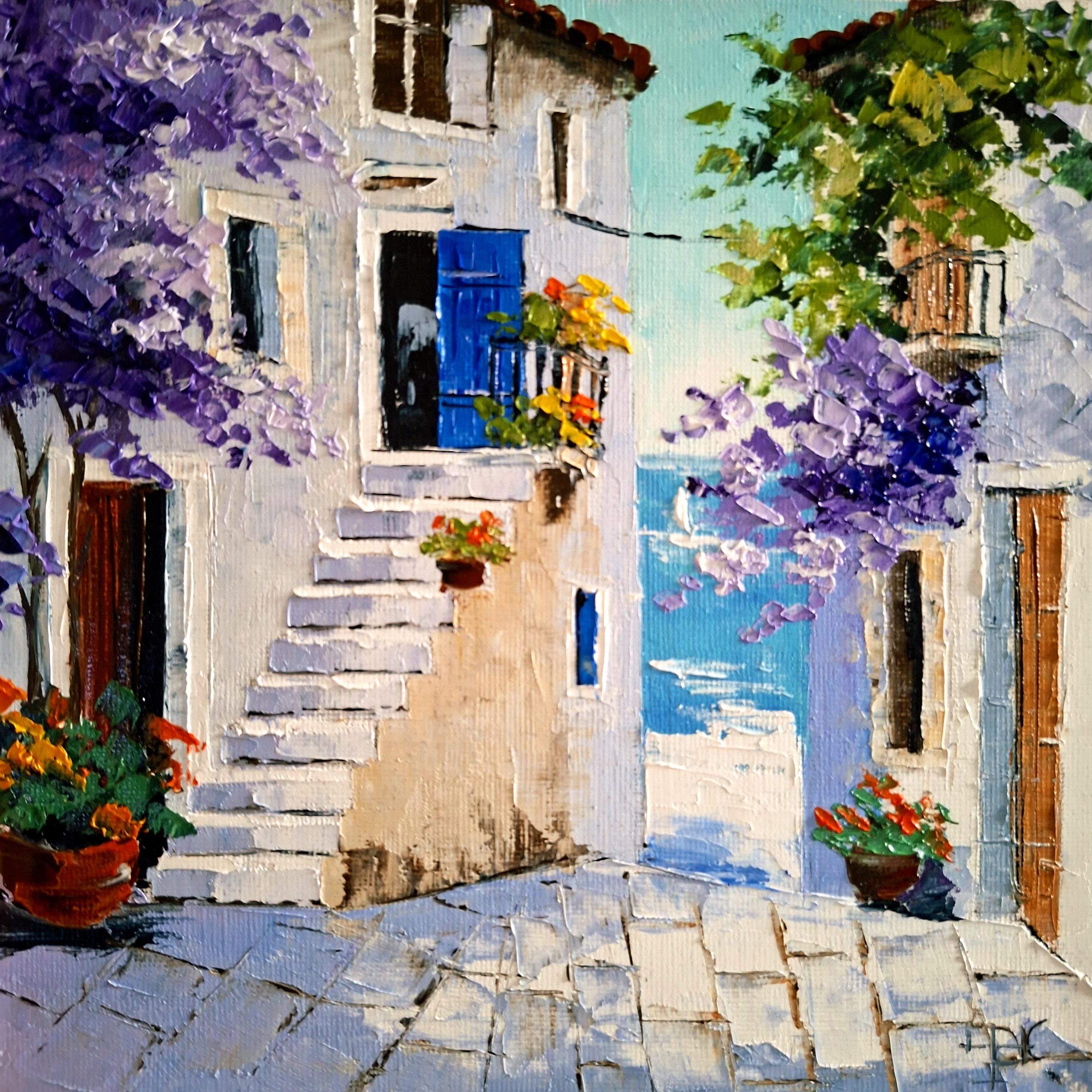 リスボンのインパスト油絵：ポルトガルの街並みのオリジナルアート（額