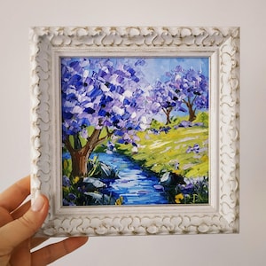 Jacaranda peinture originale Californie arbre empâtement peinture à l'huile 3D Art encadré 6 x 6 couteau à palette