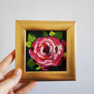 Oeuvre d'art originale peinture rose peinture à l'huile empâtement d'art floral encadrée art 3D 4 x 4 cadeau