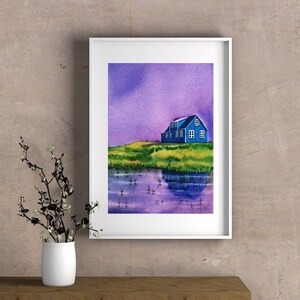 Sandgerdi Painting, Paesaggio islandese, Arte murale, Acquerello originale, 12 x 8 pollici
