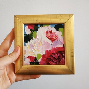 Pintura de peonías, peonía rosa, arte mural, pintura al óleo empastada, arte floral, arte pequeño original, regalo de cumpleaños, enmarcado, 4 x 4 pulgadas