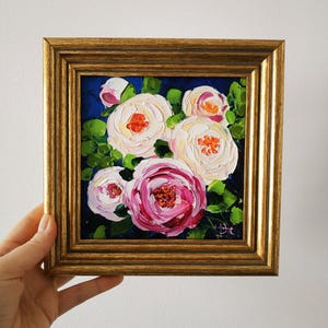 Fleurs de pivoines, peinture originale, empâtement, peinture à l'huile, cadeau d'anniversaire, cadre 3D, 6 x 6