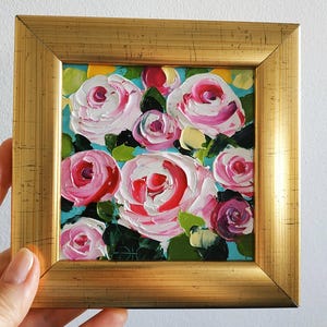 Roses Original Painting Impasto Oil Painting Floral Art 3D Painting Framed 4x4" Birthday Gift