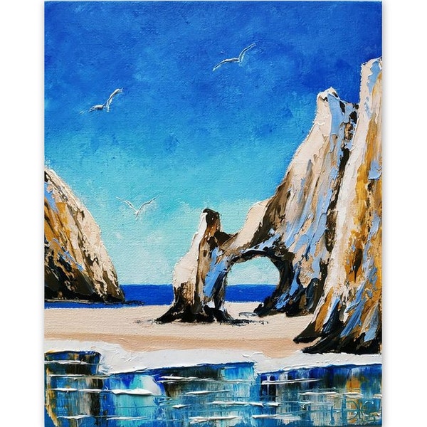 Cabo San Lucas Gemälde Rund Mexiko Meereslandschaft Original Ölgemälde 10 x 8 Zoll