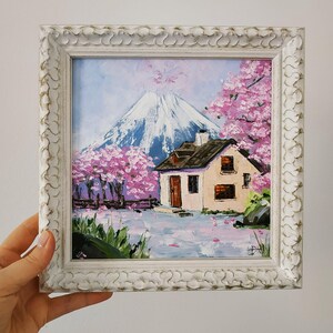 Peinture Sakura Art mural en fleurs de cerisier, Mont Fuji, peinture à l'huile originale du Japon, art 3D encadré, couteau à palette