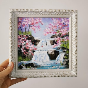 Sakura, peinture cascade, cerisier en fleurs, peinture à l'huile originale, art 3D, cadeau d'anniversaire, encadré, couteau à palette