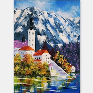Bleder See Malerei Slowenien Kunst Original Ölgemälde Landschaft Impasto Malerei 30 x 20 cm