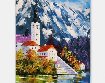 Lake Bled Painting Slovenia Art Original Oil Painting Landscape Impasto Painting 12 by 8 inches